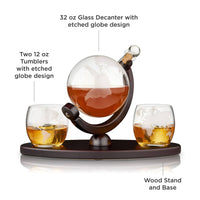 Globe Themed Decanter & Tumblers Set w/ Wood Base - Viski