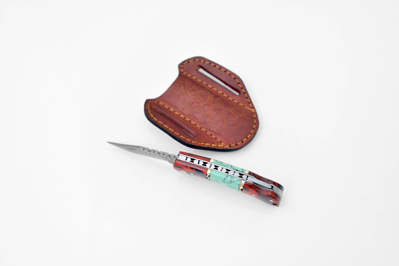 Damascus steel pocket knife Red & Blue - Titan Int