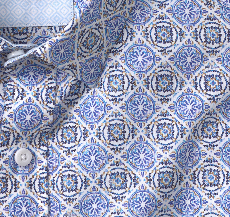 Printed Cotton Shirt-Blue Mosaic Tile- Johnston & Murphy