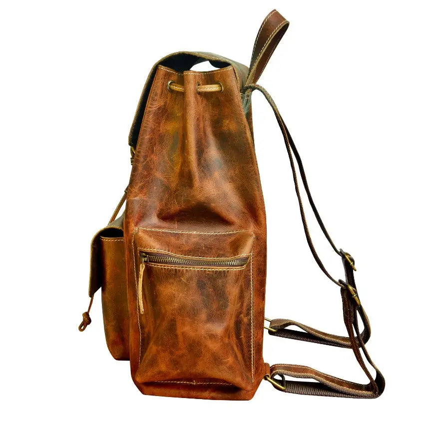 Genuine Tan Leather Vintage Weekender Carry-On Travel Backpack Work Bookbag