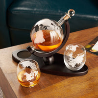 Globe Themed Decanter & Tumblers Set w/ Wood Base - Viski