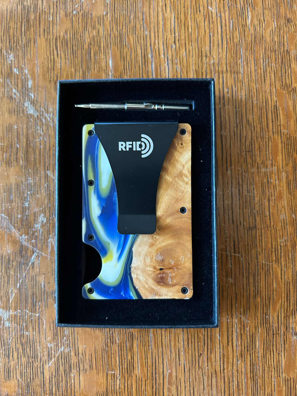 Wood and Resin Wallet - Dark Blue/Earthy Gold/White