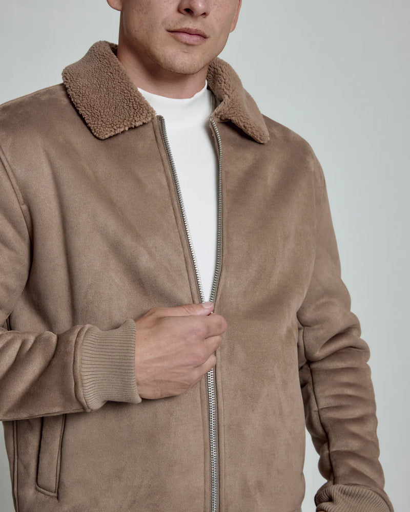 Evolution Suede Sherpa Bomber Jacket-Truffle-7 Diamonds