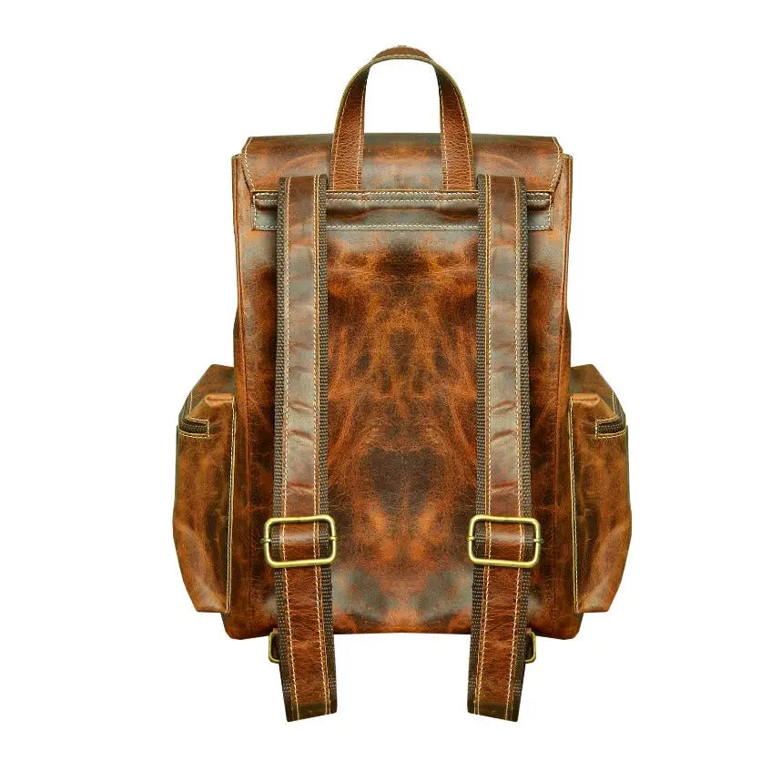 Genuine Tan Leather Vintage Weekender Carry-On Travel Backpack Work Bookbag