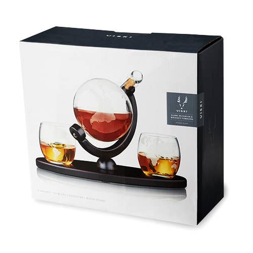 Globe Themed Decanter & Tumblers Set w/ Wood Base - Viski