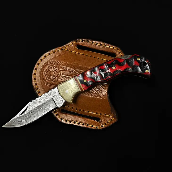 Red Damascus Folding Knife - Titan Int.