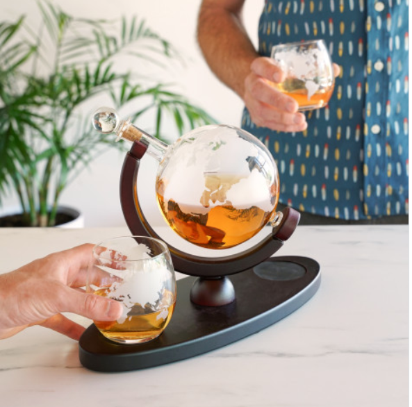 Globe Themed Decanter & Tumblers Set w/ Wood Base - Viski